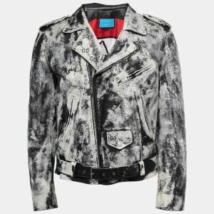 Gucci White/Black Hand Painted Leather Patch Detail Biker Jacket M