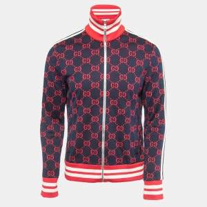 Gucci Navy Blue GG Jacquard Cotton Knit Zip Front Jacket M