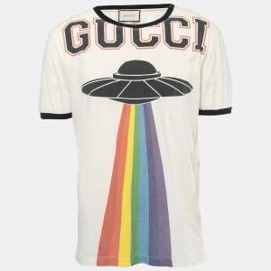 Gucci Cream Ufo Rainbow Print Cotton Distressed Crew Neck Half Sleeve T-Shirt L