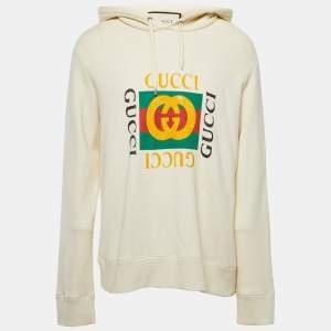 Gucci Cream Logo Print Cotton Hoodie L