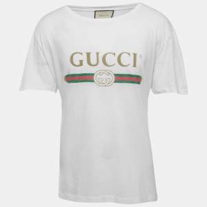 Gucci White Washed Logo Print Cotton Half Sleeve Relaxed Fit T-Shirt L