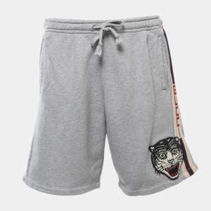 Gucci Grey Cotton Tiger Patch Detailed Drawstring Shorts L