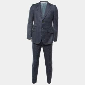 Gucci Navy Blue Bee Patterned Plaid Wool Suit M