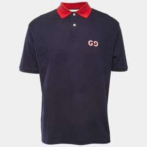 Gucci Navy Blue GG Embroidered Cotton Pique Polo T-Shirt L