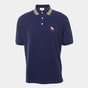 Gucci Navy Blue Cat Logo Embroidered Cotton Pique Polo T-Shirt L