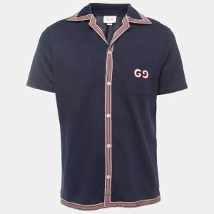 Gucci Navy Blue Logo Embroidered Cotton Pique Web Detailed Button Front Polo T-Shirt M