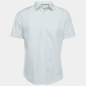 Gucci Light Blue Cotton Tiger Print Silk Insert Button Front Half Sleeve Shirt L