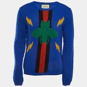 Gucci Blue Bee Accent Graphic Patterned Wool Crew Neck Sweater L