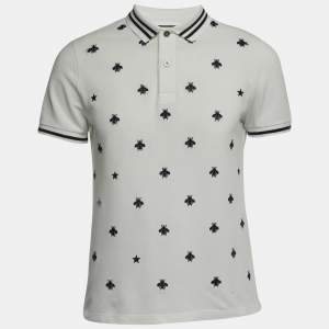 Gucci White Bee Embroidered Cotton Pique Polo T-Shirt M