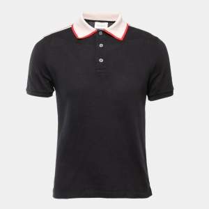 Gucci Black Cotton Pique Logo Stripe Detailed Polo T-Shirt M