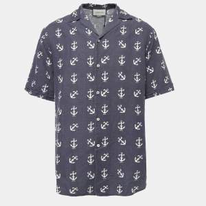 Gucci Black Anchor Print Linen Blend Oversized Bowling Shirt M