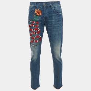 Gucci Blue Washed Denim Embroidered Patch Jeans XL Waist 33"