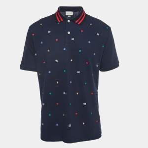 Gucci Navy Blue Symbols Embroidered Cotton Pique Polo T-Shirt XL