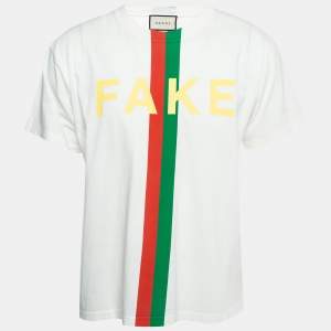 Gucci White Fake Not Print Cotton Crew Neck T-Shirt XS