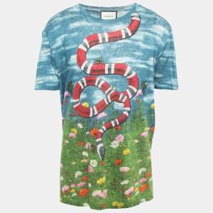 Gucci Multicolor Snake Garden Printed Linen Knit T-Shirt M