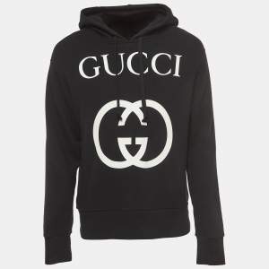 Gucci Black Logo Printed Cotton Knit Hooded Sweatshirt XS