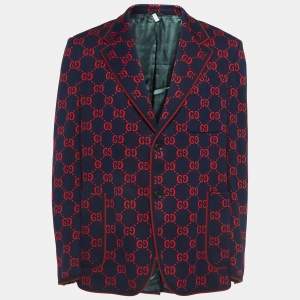 Gucci Navy Blue/Red Jacquard Knit Blazer 3XL