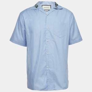 Gucci Blue Embroidered Cotton Short Sleeve Shirt L
