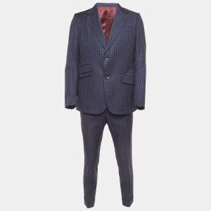 Gucci Navy Blue Checked Wool Single Breasted Suit L