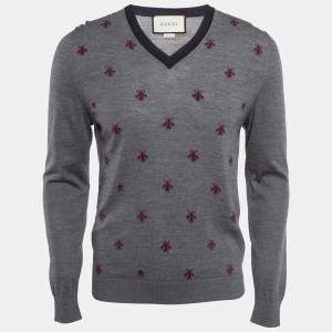 Gucci Grey Bee Intarsia Wool Knit V-Neck Sweater M
