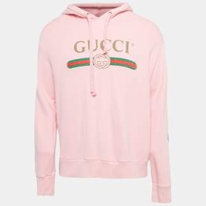 Gucci Pink Vintage Logo Print & Embroidered Cotton Hooded Sweatshirt M