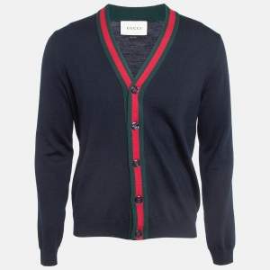 Gucci Navy Blue Web Striped Rib Knit Buttoned Cardigan XL