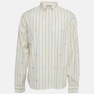 Gucci White/Blue Striped GG Embroidered Cotton Long Sleeve Shirt XXL