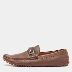 Gucci Brown Leather Web Slip On Loafers Size 43