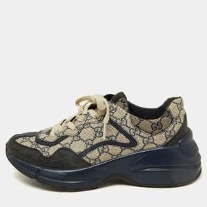 Gucci Beige/Navy Blue GG Supreme Canvas Rhyton Sneakers Size 40
