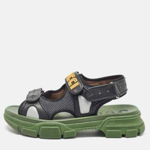 Gucci Black/Green Leather and Mesh Sega Velcro Slingback Sandals Size 44
