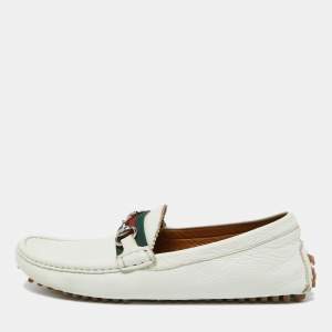 Gucci Off White Leather Web Slip On Loafers Size 41