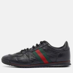 Gucci Black Guccissima Leather Web Low Top Sneakers Size 43.5