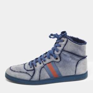 Gucci Blue Suede and Shearling Web Lace Up High Top Sneakers Size 45.5