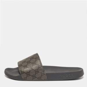 Gucci Grey/Black GG Supreme Canvas Flat Sandals Size 45