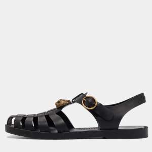 Pre Owned Gucci Black Rubber Marmont And Tiger Embellished Buckle Strap Sandals Size 45