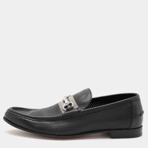 Gucci Black Perforated Leather Horsebit Web Loafers Size 42.5