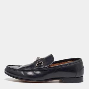 Gucci Black Leather Bamboo Horsebit Slip On Loafers Size 41.5