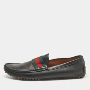 Gucci Black Leather Vintage Web Detail Loafers Size 43.5