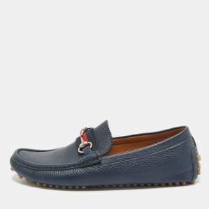 Gucci Blue Leather Web Horsebit Loafers Size 42