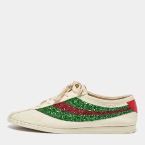 Gucci White Glitter and Leather Falacer Lace Up Sneakers Size 43