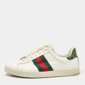 Gucci White/Green Alligator Leather and Leather Ace Lace Up Sneakers Size 43.5