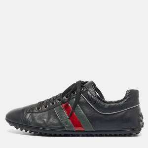 Gucci Black Leather Web Low Top Sneakers Size 41