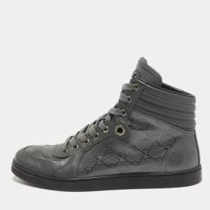 Gucci Grey Canvas and Leather High Top Sneakers Size 41.5