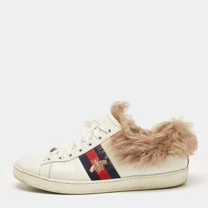 Gucci White Fur and Leather Ace Low Top Sneakers Size 40