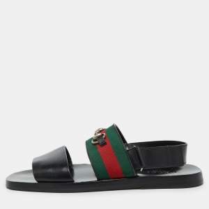 مملوكة مسبقًا Gucci Black Leather Horsebit Web Flat Sandals Size 42