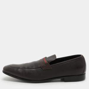 Gucci Brown Leather Web Detail Loafers Size 43