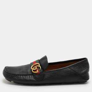 Gucci Black Leather Web GG Marmont Loafers Size 42
