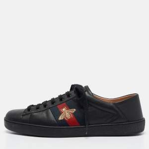 Gucci Black Leather Embroidered Bee Ace Sneakers Size 44