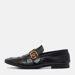 Gucci Black Leather GG Marmont Web Slip on Loafers Size 42.5