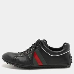 Gucci Black Leather Web Trainers Sneakers Size 40